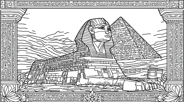 古代ヒエログリフと砂漠の風景が描かれた緻密なエジプトのスフィンクス塗り絵 - 大人のマインドフルぬりえ