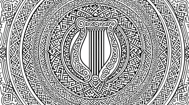 Fascinerende keltisk mandala farveside med en dekorativ harpe omgivet af traditionelle irske symboler og komplekse knodemønstre