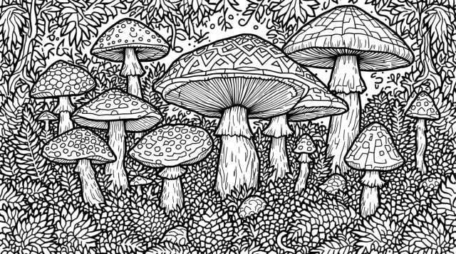 En detaljeret skovsvampe farvelægningsside med komplekse geometriske mønstre og skovbundselementer, perfekt til voksne der elsker at farvelægge