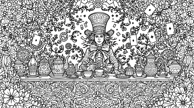 マッドハッター・ティーパーティの塗り絵｜ヴィクトリアン様式の緻密なデザインで大人の塗り絵を楽しむ