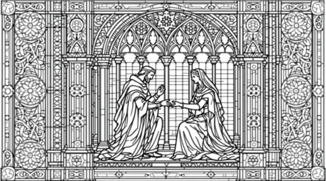 Middelalderligt glasmaleri som farveside med Sir Lancelot og Dronning Guinevere i gotisk stil med detaljerede keltiske mønstre og arkitektoniske detaljer