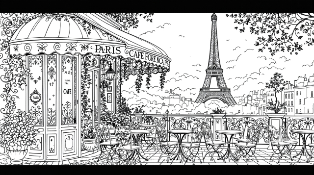 エッフェル塔を背景にした、アールヌーヴォー様式の優雅なパリのカフェ - 大人の塗り絵