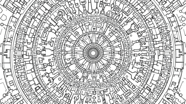 En maskulin mandala målarbok med verktyg, slipsar och mekaniska detaljer i en intrikat cirkulär design