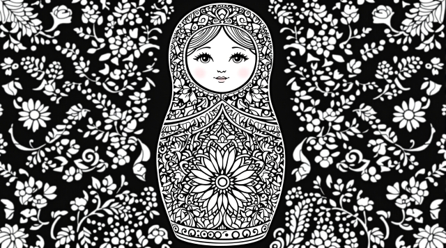 伝統的なロシア民芸柄と繊細な花模様が美しいマトリョーシカの大人の塗り絵