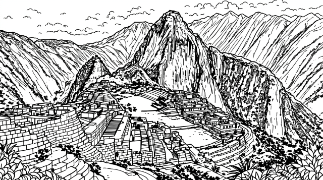 マチュピチュの塗り絵 - 古代インカ帝国の精密な建築と石造りの段々畑を描いた大人向け塗り絵