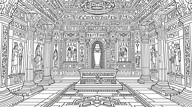 精密なエジプト墓室の塗り絵 - ヒエログリフと石棺が美しい大人向けぬりえ