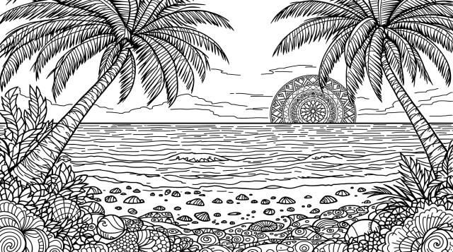 癒しのトロピカルビーチ塗り絵 - 繊細なヤシの木とマンダラ模様の波で心安らぐひととき