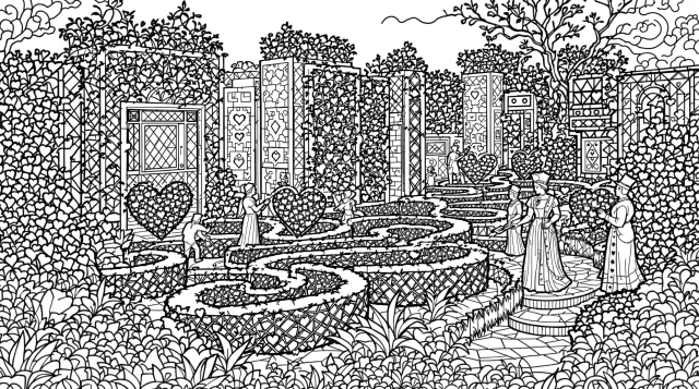 ハートの女王の庭園塗り絵 - トランプ兵士とハート型のバラが美しいヴィクトリア朝風ガーデン