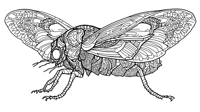 セミの塗り絵 - 大人向け幾何学模様とマンダラデザインの精密な線画