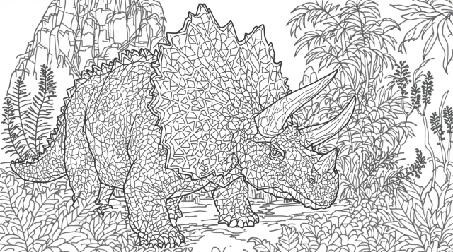 トリケラトプスの大人向け塗り絵 - 白亜紀の風景と精密な植物パターンを描いた緻密なデザイン