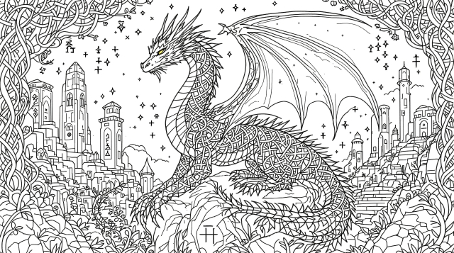幾何学模様とケルト文様が美しい神秘的なドラゴンの塗り絵【大人向け】