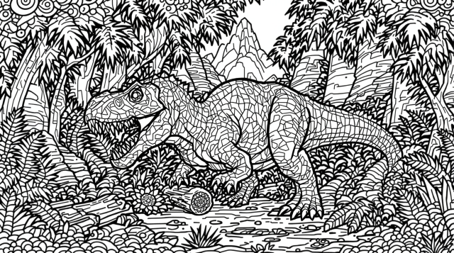 獰猛なティラノサウルスの狩猟シーン｜先史時代の風景と複雑な模様が楽しめる大人の塗り絵