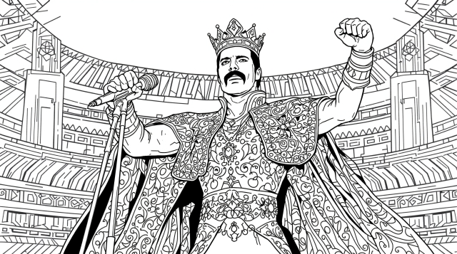 フレディ・マーキュリー塗り絵 - ライブエイドの豪華なマントと王冠をまとった伝説のポーズ