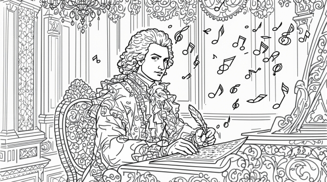 優雅なモーツァルトの塗り絵 - バロック様式の室内で作曲する音楽家の大人向けぬりえ