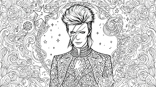 En detaljeret David Bowie Ziggy Stardust farvelægningsside for voksne med indviklede glam rock-mønstre og kosmiske Art Nouveau-designs.