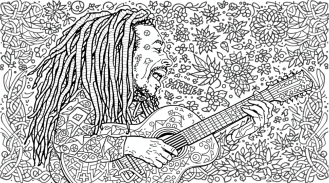 En detaljeret Bob Marley farvelægningsside med indviklede dreadlocks, akustisk guitar og dekorative mandala-mønstre i en udsmykket blomsterramme.