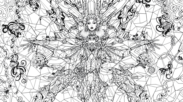 En sofistikeret Lady Gaga farvelægningsside viser indviklede geometriske mønstre og avantgarde modedesignelementer.