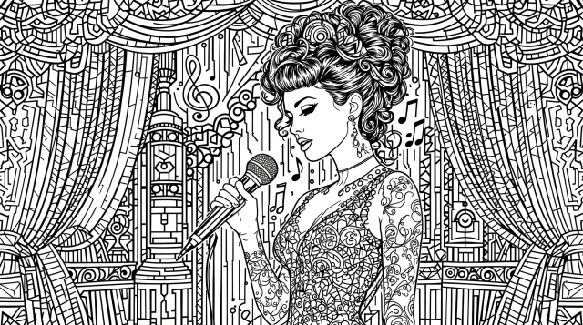 エイミー・ワインハウスの塗り絵 - トレードマークの蜂の巣ヘアとヴィンテージジャズクラブの大人向け精密ぬりえ