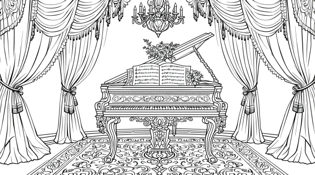 En elegant cembalo-farveside med udsmykkede barokdetaljer, teatralske gardiner og klassiske dekorationer perfekt til voksenfarvning.