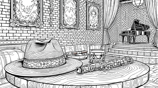 フルートとウイスキーグラスが描かれた大人の塗り絵 - ジャズクラブの洗練された室内風景とフェドラハット
