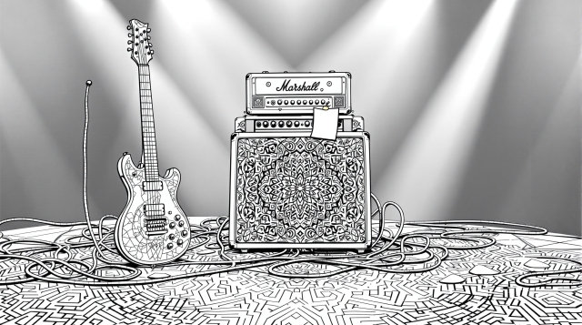En intrikat elektrisk guitar sceneopstilling farveside med detaljerede Marshall-forstærkere og geometriske mønstre perfekt til voksenfarvning.
