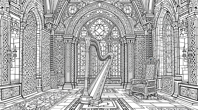 ケルトハープと中世の城ホールの塗り絵 - ゴシック建築と繊細な石造装飾が美しい大人の塗り絵