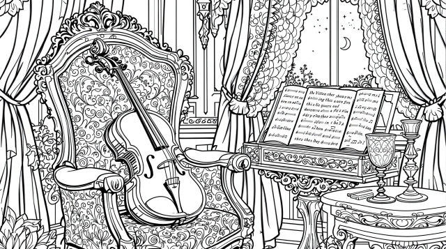 En elegant viktoriansk musikværelse farvelægningsside med en udsmykket violin, dekorative møbler og indviklede arkitektoniske detaljer.
