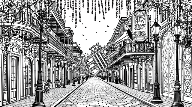 En detaljeret New Orleans gade scene farveside med en udsmykket trompet og jazzklub arkitektur.