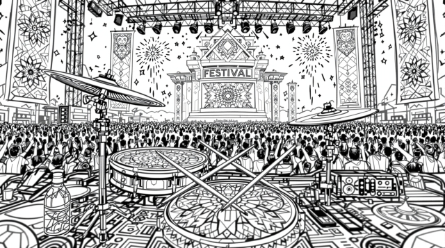 En detaljerad festivalscen färgläggningssida med elaborerat trumset, intrikata mandalamönster och publikscener.