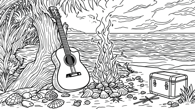 ビーチのキャンプファイヤーとアコースティックギターの塗り絵 - 貝殻と波模様が入った大人の塗り絵