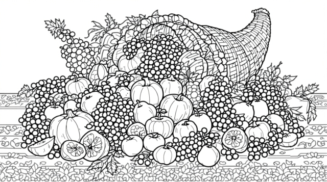 An intricate cornucopia coloring page overflowing with pumpkins, fruits, and harvest abundance for sophisticated adult coloring.