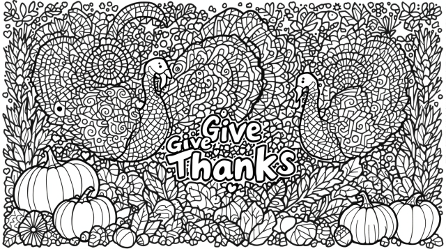 An intricate Thanksgiving doodle coloring page featuring ornate turkeys, decorative pumpkins, and beautiful zentangle patterns.