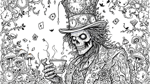 ハロウィンマッドハッターゾンビの塗り絵 - ビクトリア朝ゴシック様式の緻密な大人向けデザイン