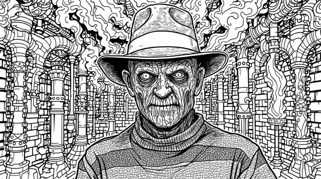 フレディ・クルーガーの象徴的な中折れ帽と精緻な顔をボイラー室で描いた大人向け塗り絵