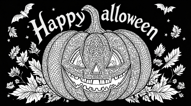 ゼンタングル模様とゴシック文字が美しいハロウィンかぼちゃの大人の塗り絵 - 精密で芸術的なデザイン