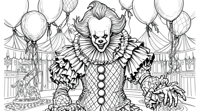 ペニーワイズ・ダンシング・クラウンの精密塗り絵 - ヴィクトリア朝サーカス衣装と華麗な装飾デザイン