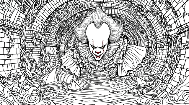 デリーの下水道から現れるペニーワイズ ホラーピエロの大人の塗り絵 - 精密なゴシック建築と下水道シーン