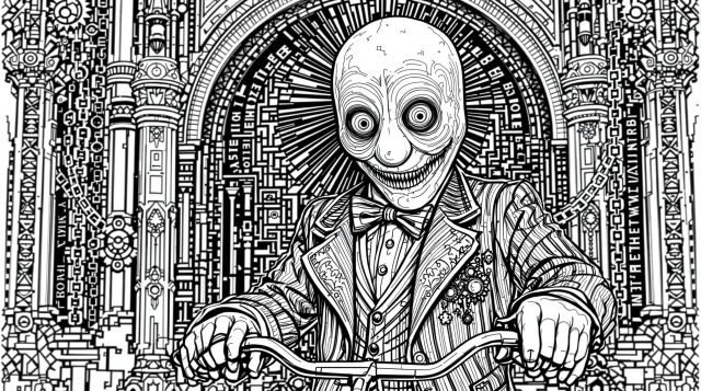 ソウシリーズのビリー人形の塗り絵 - 幾何学模様とホラーモチーフが詰まった大人向けの精密デザイン