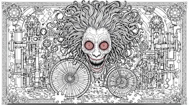 ビリー人形が自転車に乗る精巧なホラー塗り絵 - 複雑なメカニカルディテールと建築要素