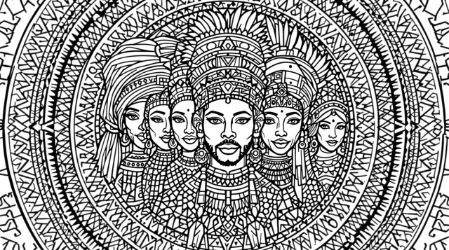 En indviklet mandala-stil farvelegningsside med seks ceremonielle figurer med udsmykkede hovedbeklædning og detaljerede geometriske kantmønstre.