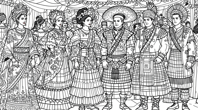 En multikulturel festival farvelægningsside med mennesker i traditionelle dragter fra hele verden med indviklede dekorative detaljer.