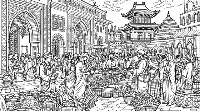 多様な建築様式と活気ある交易シーンが描かれた多文化市場の大人の塗り絵