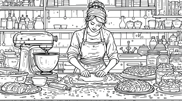 A black-and-white line drawing for adult coloring featuring a home baker rolling dough in a detailed kitchen workspace.