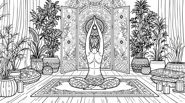 蓮華座でヨガ瞑想する人物と曼荼羅模様の塗り絵 - 落ち着いた瞑想スタジオの大人の塗り絵