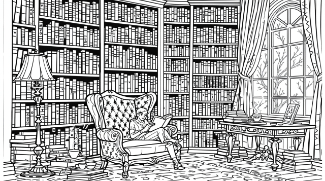 A Victorian-style library interior coloring page featuring floor-to-ceiling bookshelves and ornate Gothic architecture.