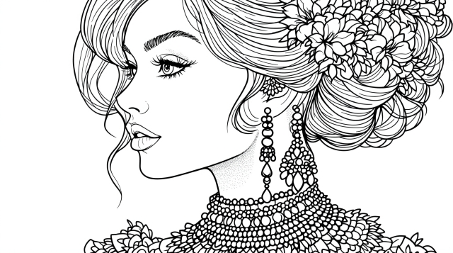 En elegant profilportræt farvelægningsside med en kvinde med udarbejdet opsadt frisure prydet med blomster og indviklede smykker.