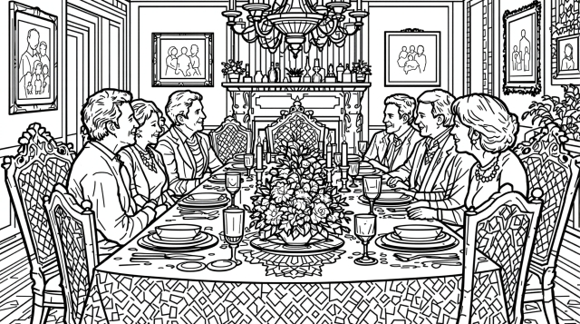 ビクトリア朝のダイニングルームで過ごす8人家族の食卓シーン - 大人の塗り絵