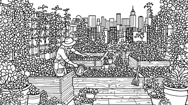A detailed adult coloring page featuring a gardener tending to an elaborate rooftop garden with stippled textures and city skyline.