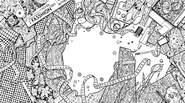 En detaljerad mode- och skönhetsfärgläggningssida med designerskisser arrangerade som dekorativ ram runt tomt centralt utrymme.