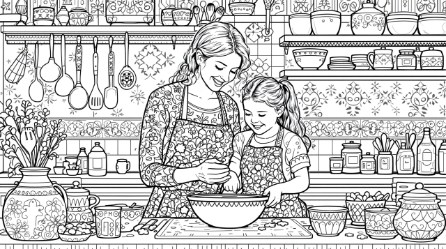 親子でお菓子作りを楽しむキッチンの風景を描いた繊細な白黒線画の塗り絵